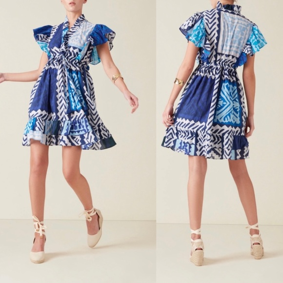 Figue Denissa NWT RARE Ruffle Tassel Drawstring Abstract Print Mini Dress Summer